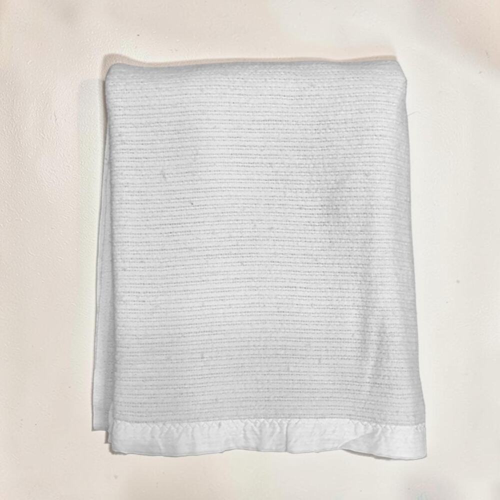 Vtg Waffle Weave Thermal Blanket Satin Trim Acrylic 88”x72” Light Blue Repaired